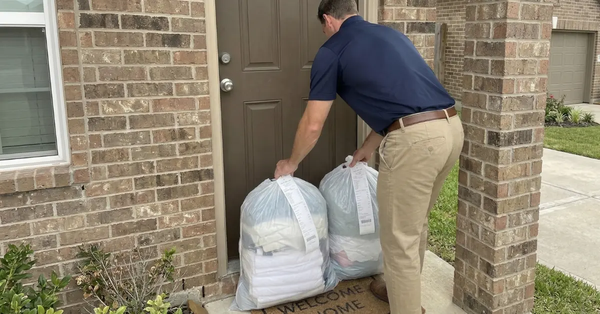 Driver delivering clean folded laundry bags to a Fort Worth customer's front door next day