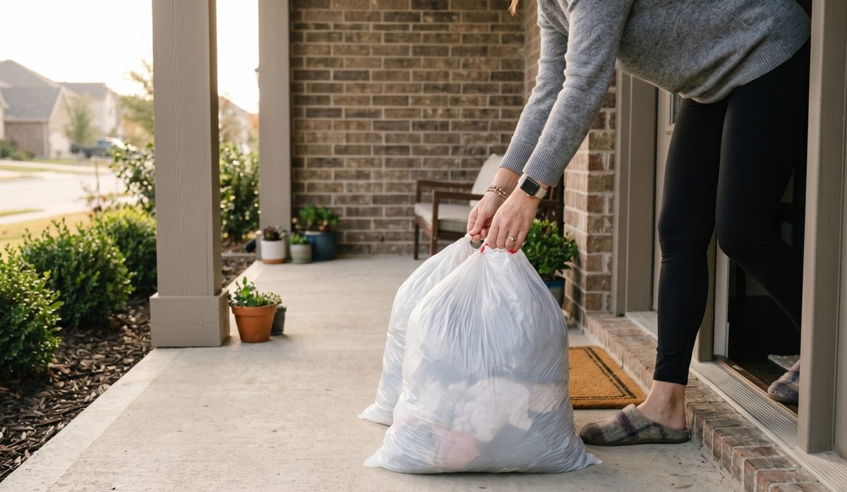 Customer leaving a laundry bag on the front porch for pickup