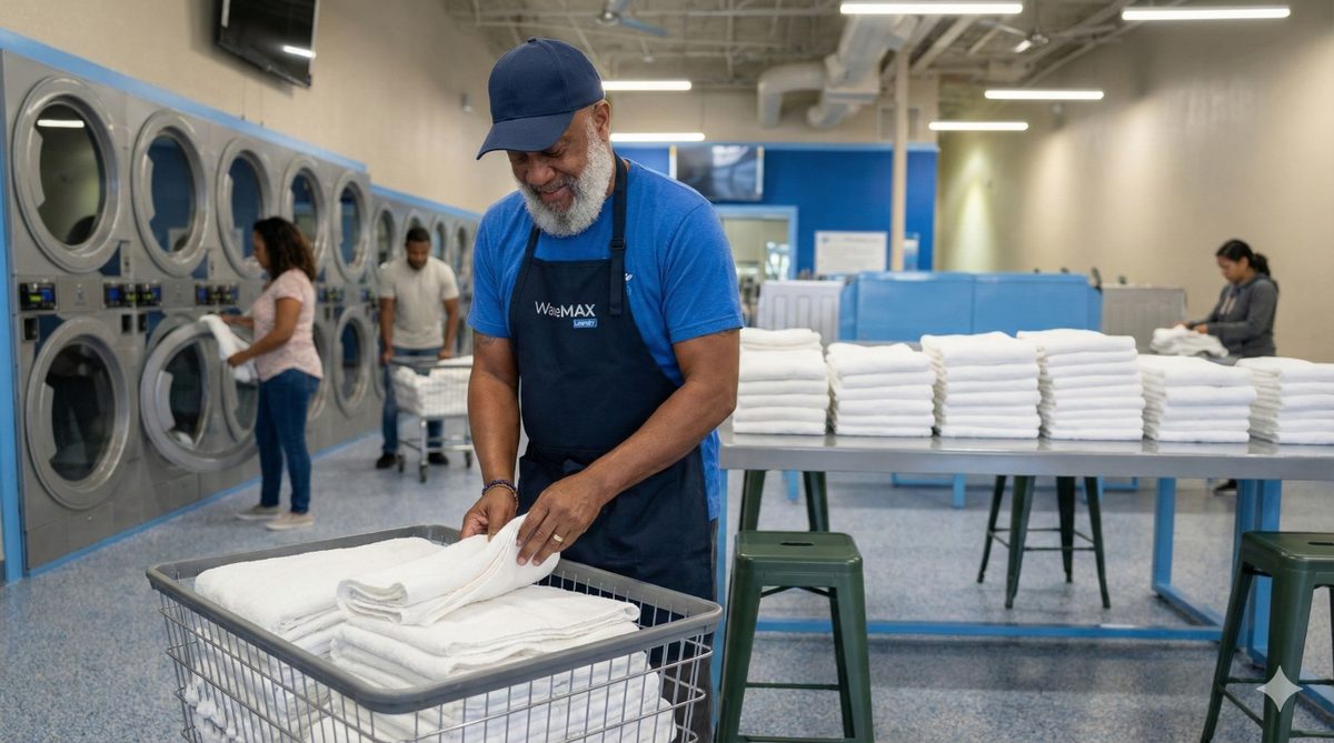 WaveMAX team member folding fresh laundry at the facility